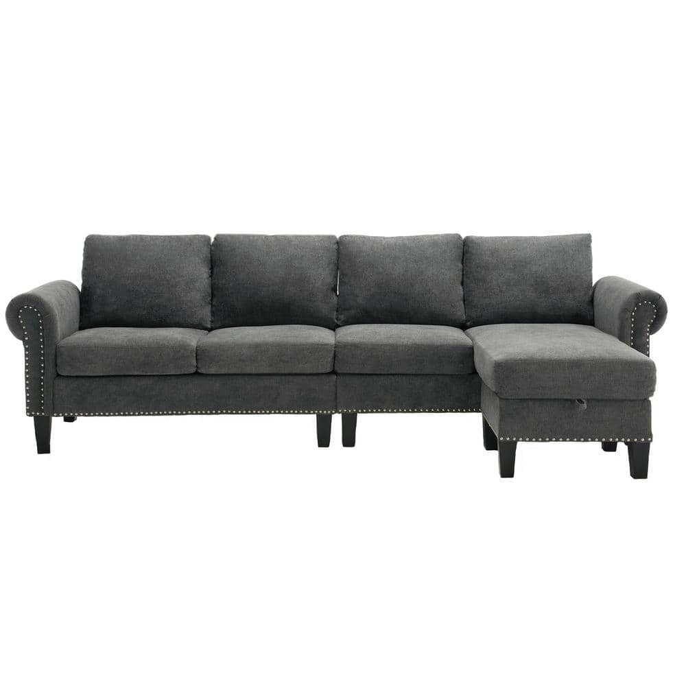 L-shaped Wood Outdoor Sectional Sofa with Storage, 4-Seater Modern Linen Fa