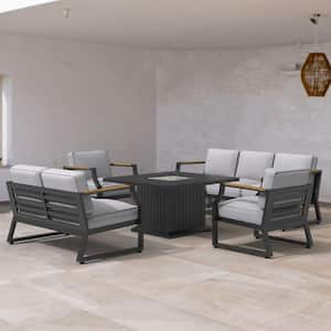 Chloe Black 5-Piece Aluminum Patio Fire Pit Conversation Set with Gray Cushions