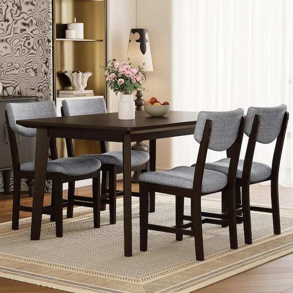 Javion Modern Rustic 5-Piece Rectangle Espresso Finish MDF Wood Top Dining Table Set with Gray Fabric Chairs, Seats 4