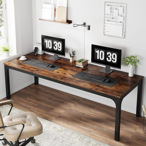 Moronia 78.7 in. Rectangular Rustic Brown Wood 2 Person Computer Desk with Adjustable Foot Pads for Home Office Table
