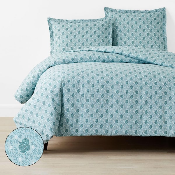 The Company Store Company Cotton Mini Garden Flower Blue/Ivory Twin/Twin XL Cotton Percale Duvet Cover