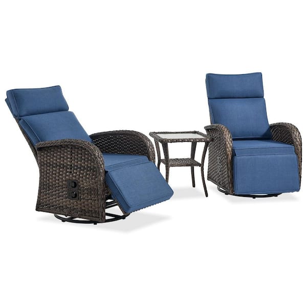 Comfort Collection 3-Piece Wicker Versatile Pneumatic Swivel Outdoor Rocking Chair with CushionGuard Blue Cushions