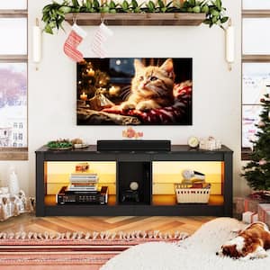 55 in. Black Marble TV Stand with LED Lights Entertainment Center with Glass Shelves