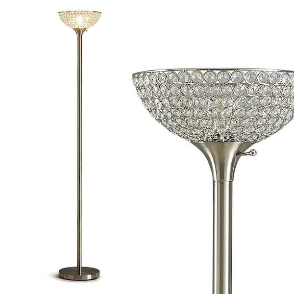 HomeGlam Lucie 71 in. Brushed Nickel Finish Torchiere Floor Lamp with Crystal Shade