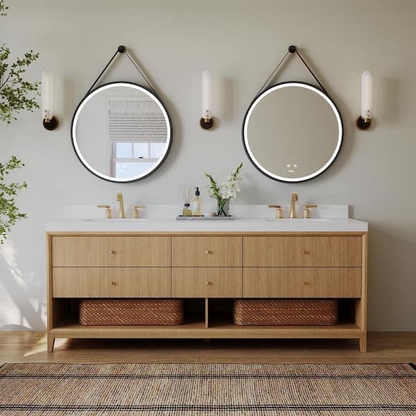Momo 84 in. W Double Sinks Freestanding Bath Vanity in American Oak with Alpines White Quartz Top