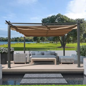 13x10 ft Beige Outdoor Retractable Pergola with Canopy for Garden, Rerrace, Backyard