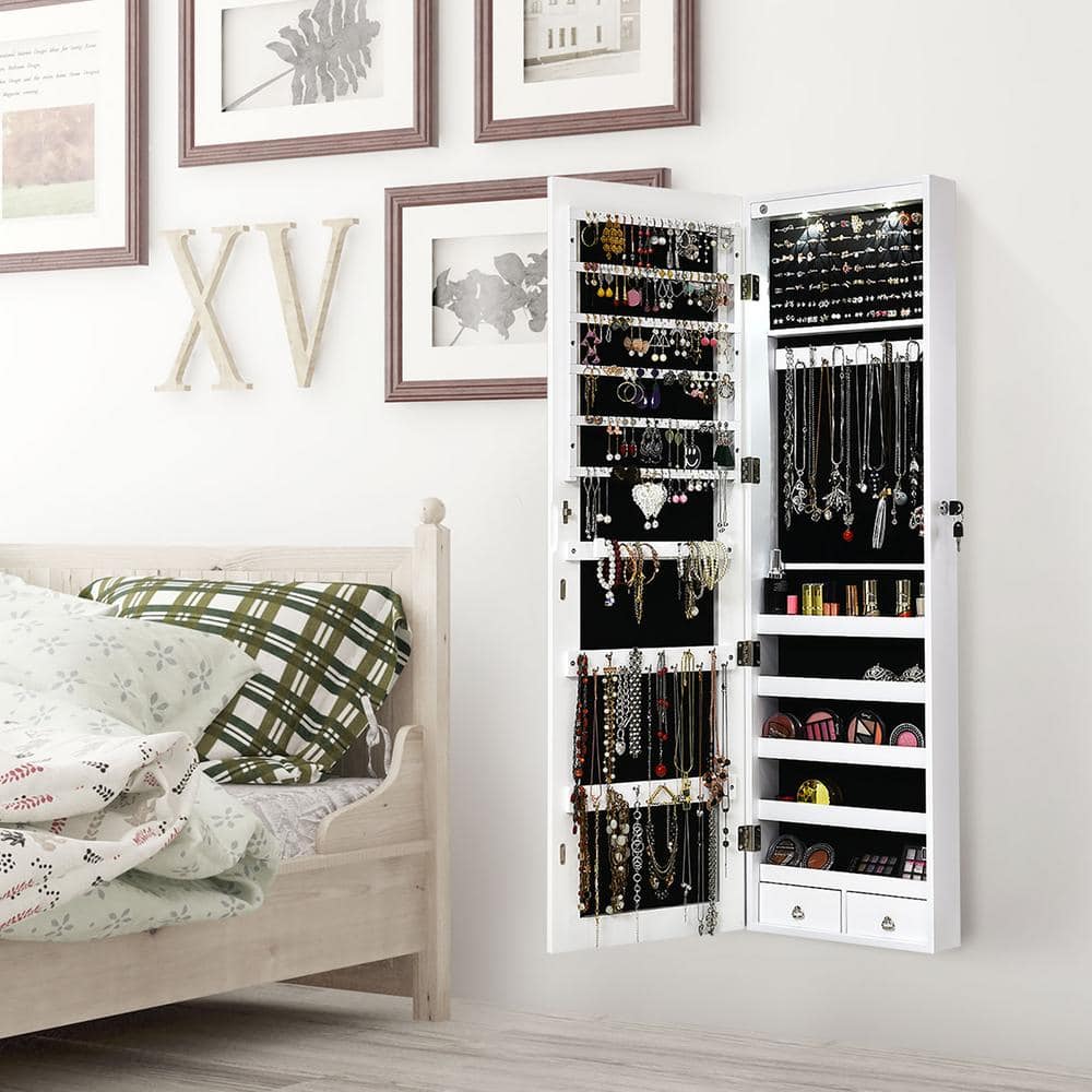 Elegant White Wall-Mounted Mirrored Jewelry Cabinet with LED Lights