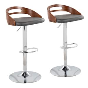 Cassis 38 in. Adjustable Bar Stool in Grey Faux Leather and Chrome with Walnut Wood (Set of 2)