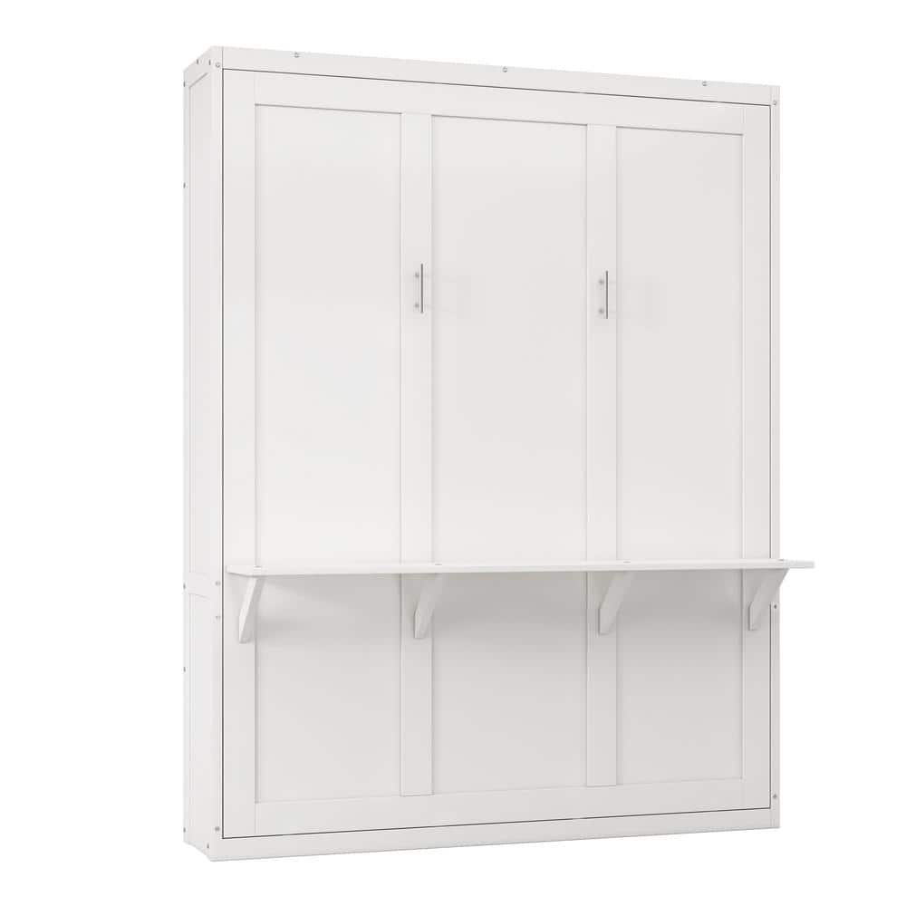 White Wood Frame Full Size Murphy Bed, Folding Wall Bed with Desktop - thumbnail 9