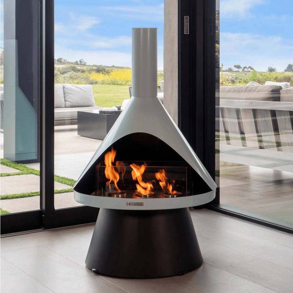 Mist Gray and Black Steel Free-standing Gel Fireplace