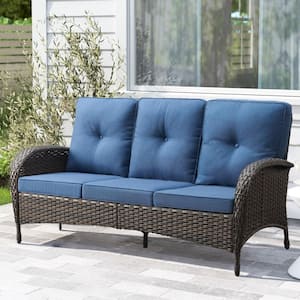 Flat armrest series 3 Seat Wicker Outdoor Patio Sofa Couch with Deep Seating and Blue Cushions