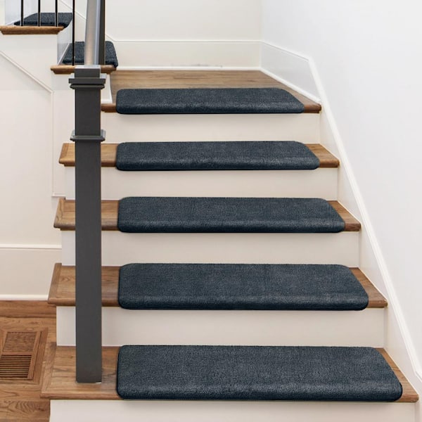 Soft Plush Dark Gray 9.5 in. x 30 in. x 1.2 in. Bullnose Indoor Stair Tread Cover Tape Free Non-slip Carpet Set of 14