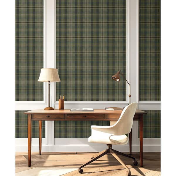30.75 sq. ft. Greenery Thornbury Tailored Plaid Vinyl Peel and Stick Wallpaper Roll