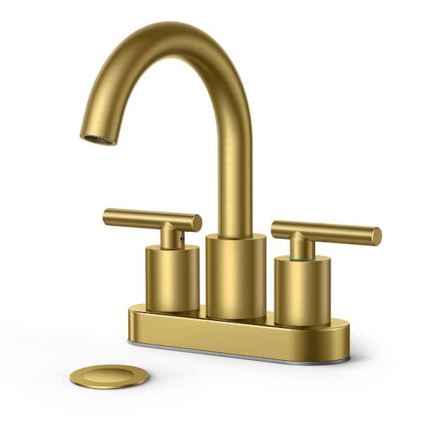 4 in. Center set Double Handle Gooseneck High-Arc Bathroom Faucet with Drain Kit in Matte Gold