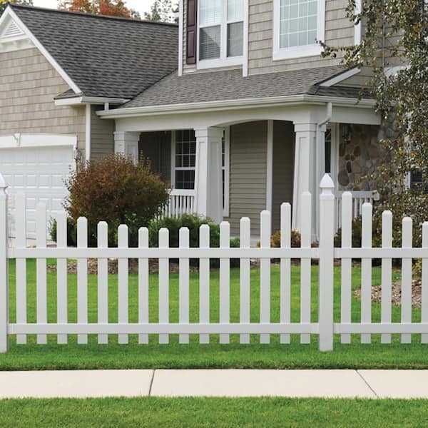 Glendale 4 ft. H x 8 ft. W White Vinyl Scalloped Top Spaced Picket Unassembled Fence Panel with 3 in. Dog Ear Pickets