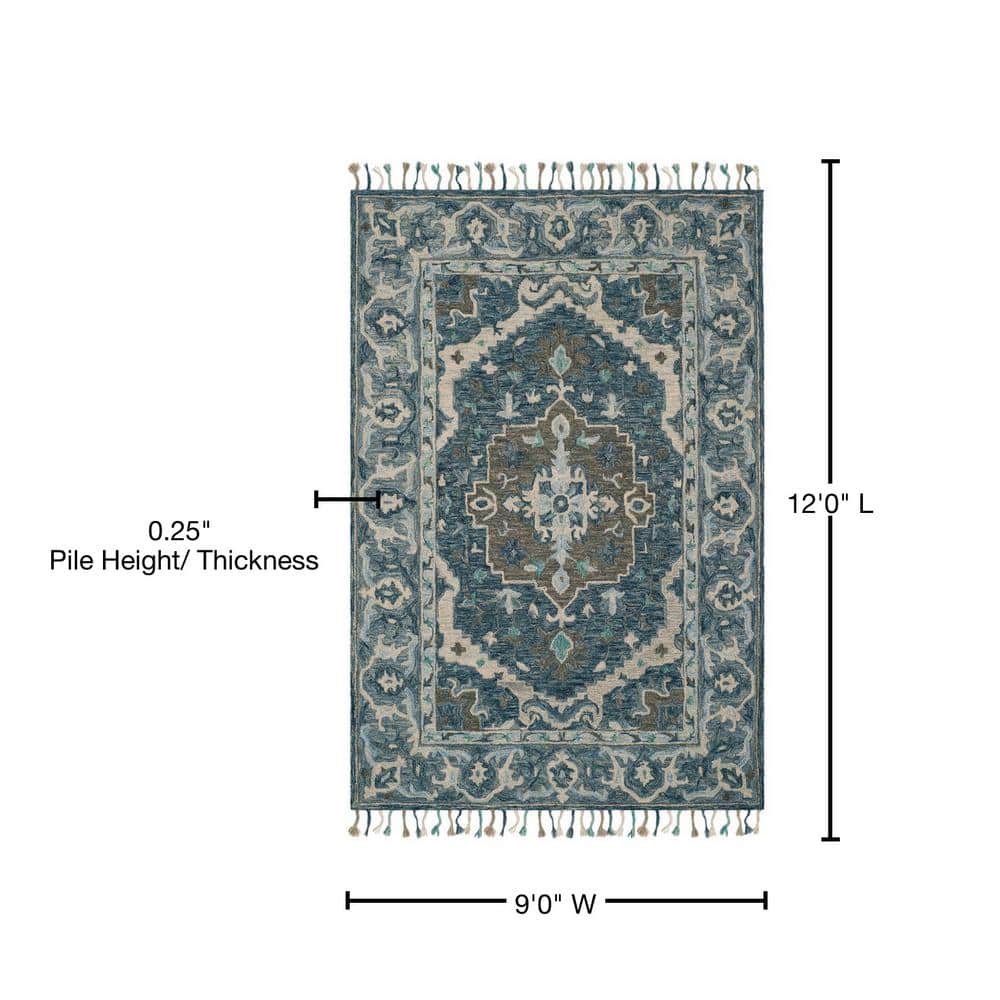 Bohemian Bliss Dark Blue Floral Hand-Tufted Wool Area Rug - 9' x 12'