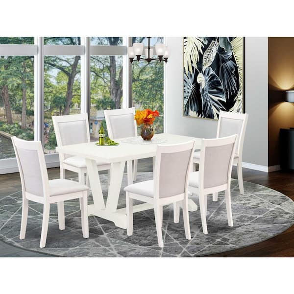 7-Piece Rectangle Wire Brushed Linen White Finish Solid Wood Top Dining Table with 6 Chairs with Lattice Back