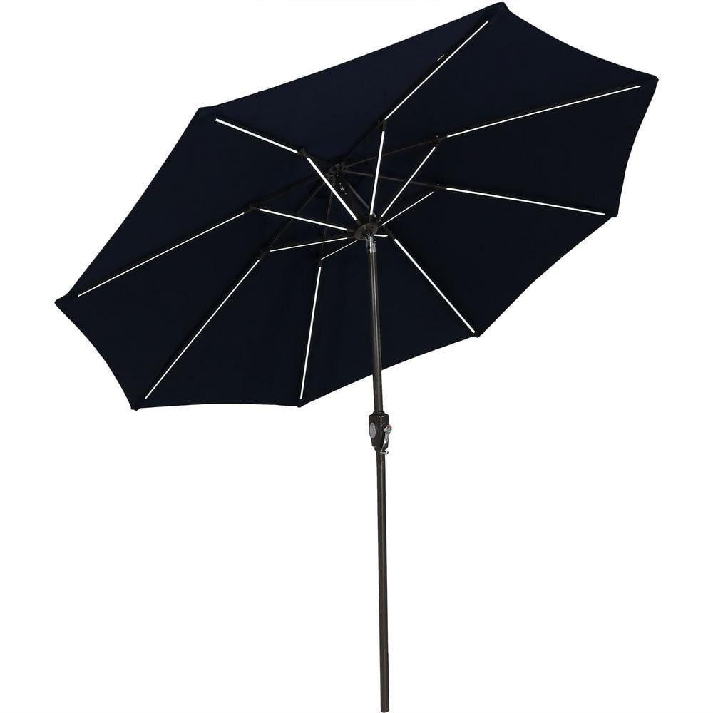 Navy Blue Aluminum Solar LED Patio Market Umbrella with Tilt, 9 ft