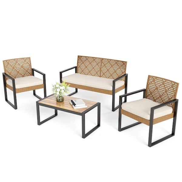 PHI VILLA Yellow 4-Piece Outdoor Wicker Patio Conversation Set with Beige Cushions and Acacia Wood Coffee Table