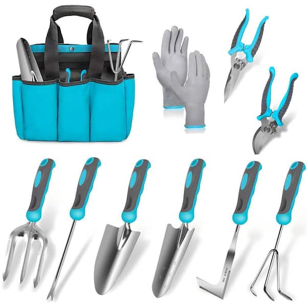 10-Piece Garden Tool Set, Heavy Duty Stainless Steel Garden Tools Set with Ergonomic Rubber Handle for Planting, Blue