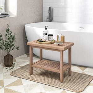 21 in. W Slip Resistant Indonesia Teak Wood Shower Bench in Natural 2-Tier Waterproof Bath Spa Stool Storage Shelf