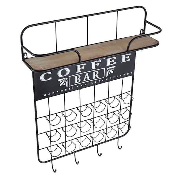 Unbranded 6 in. W x 23 in. D Black Floating Decorative Wall Shelf, Coffee Bar Shelf, with Coffee Pod Holder, 4-Hooks, for Office