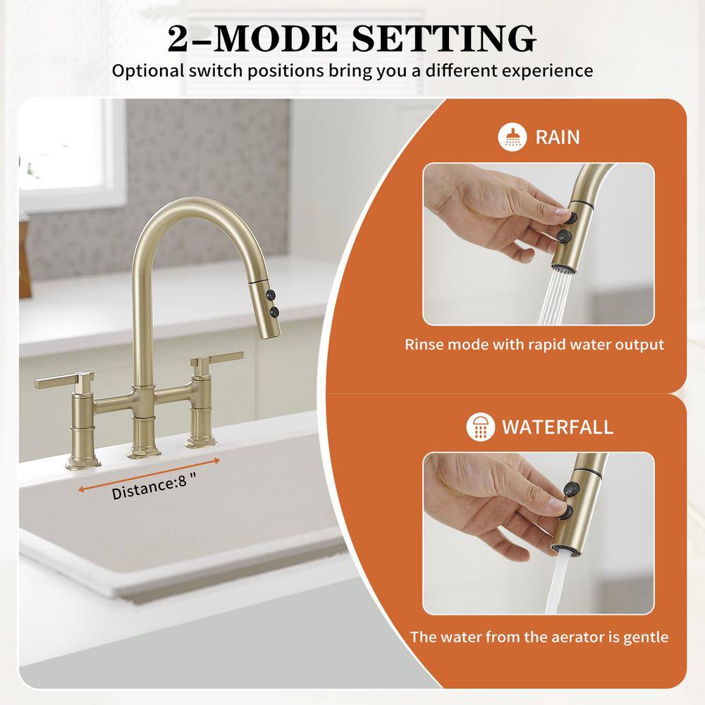 Brushed Gold Double Handle Bridge Kitchen Faucet with 360 Degree Swivel Spout