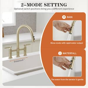 Modern Double Handle 3 Holes Deck Mount Bridge Kitchen Faucet With 2-Sprayer Patterns and 360 Swivel Spout in Gold