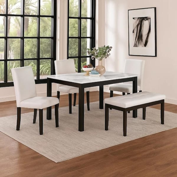 Wesley 5-Piece Rectangle White and Cherry Brown Faux Marble Top Dining Table Set Seats 4
