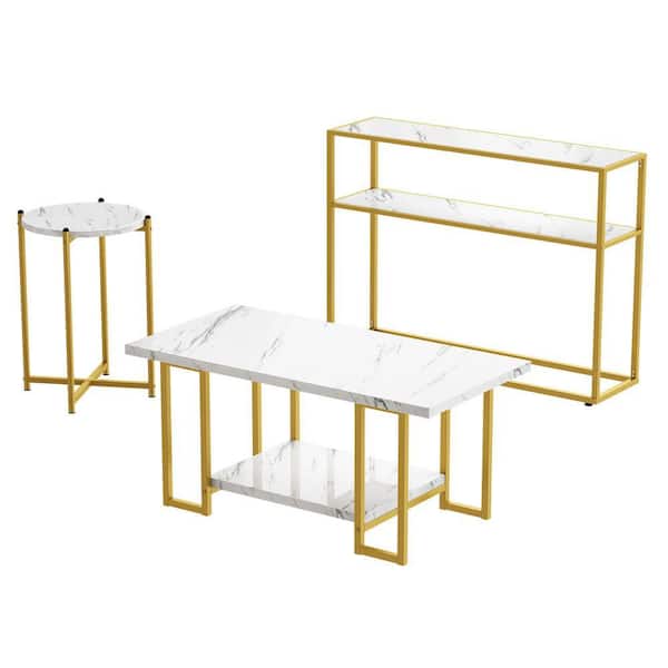 Cassie 39 in. White Rectangle Marble Look Top Coffee Table Set Included Console Table, Coffee Table and End Table