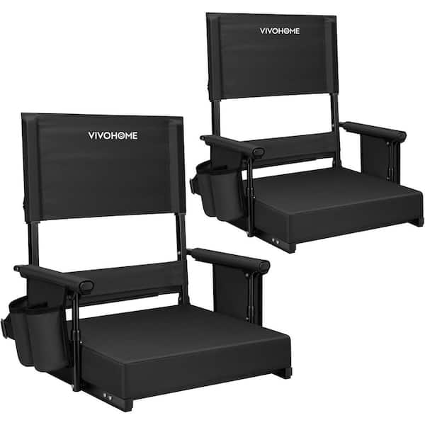 Portable Adjustable-Height Wide Black Stadium Chair with Armrests, Back Support and Cushion (2 Pack)
