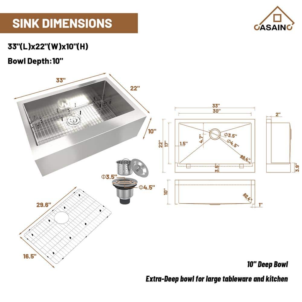 33'' Brushed Stainless Steel Farmhouse Single Bowl Kitchen Sink