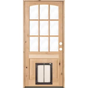 32 in. x 80 in. Knotty Alder Left-Hand/Inswing 9-Lite Clear Glass Unfinished Wood Prehung Front Door with Large Dog Door