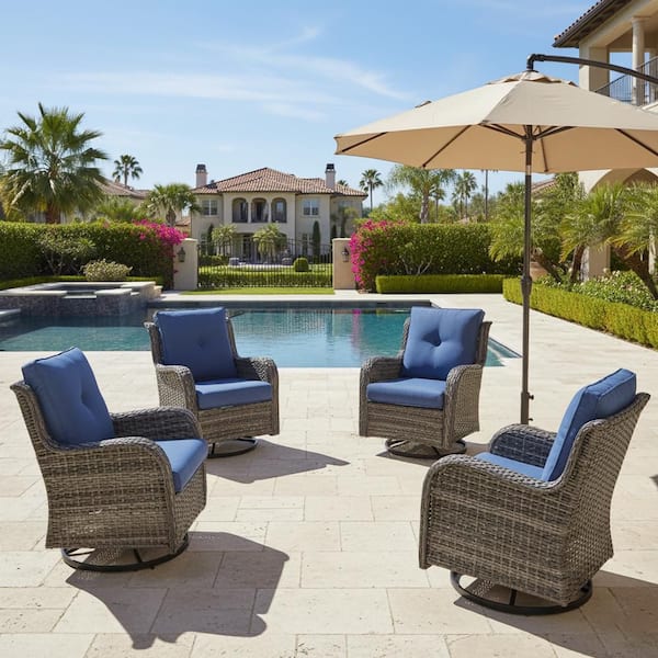 4-Piece Set Outdoor Swivel Gray Wicker Outdoor Rocking Chair with CushionGuard Blue Cushions