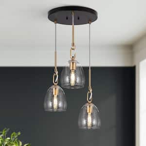 Modern 3-Light Black and Brass Linear Chandelier for Dining Room with Bell Glass Shades and No Bulbs Included