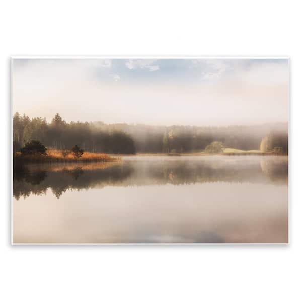 Stupell Industries Autumn Lake Misty Landscape Distant Pine Tree Forest by Irene Weisz Unframed Graphic Nature Art Print 19 in. x 13 in.