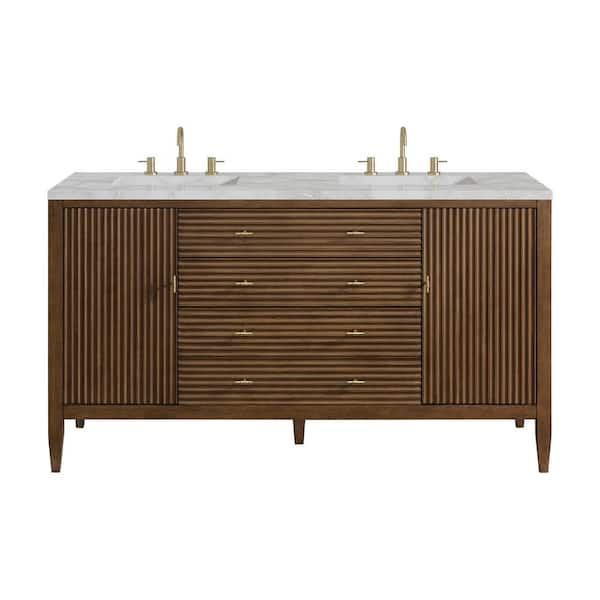 James Martin Vanities Myrrin 60.0 in. W x 23.5 in. D x 34.06 in. H Double Bathroom Vanity in Mid-Century Walnut & Victorian Silver Quartz Top