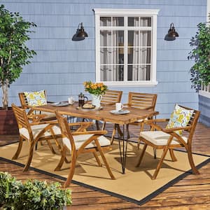 Blaine 29 in. Teak Brown 7-Piece Wood Rectangular Patio Outdoor Dining Set with Cream Cushions
