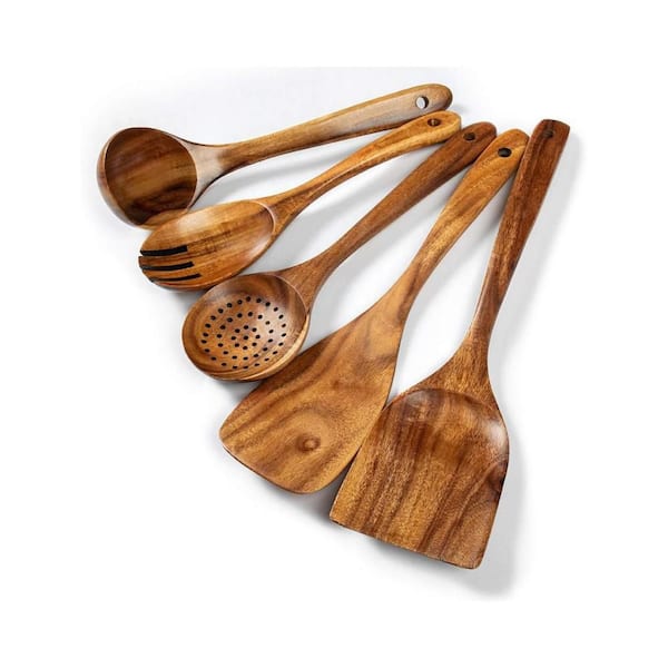5-Piece Kitchen Utensils Set with Soup Ladle, Wok Spatulas, Acacia Wooden Spoons for Non-Stick Skillet