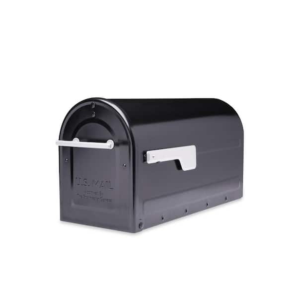 Architectural Mailboxes Boulder Black, Large, Steel, Post Mount Mailbox with Silver Handle and Flag