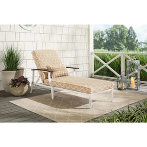 Marina Point White Steel Outdoor Patio Chaise Lounge with CushionGuard Toffee Trellis Tan Cushions
