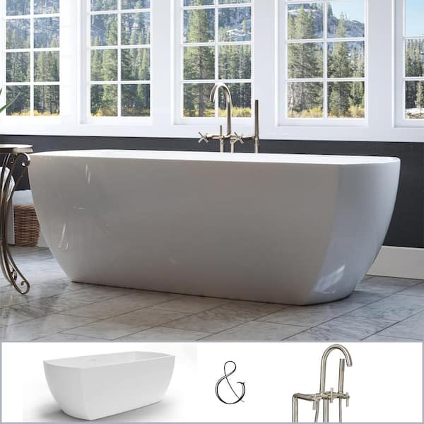PELHAM & WHITE W-I-D-E Series Bloomfield 67 in. Acrylic Freestanding Tub in White, Floor-Mount Faucet in Brushed Nickel