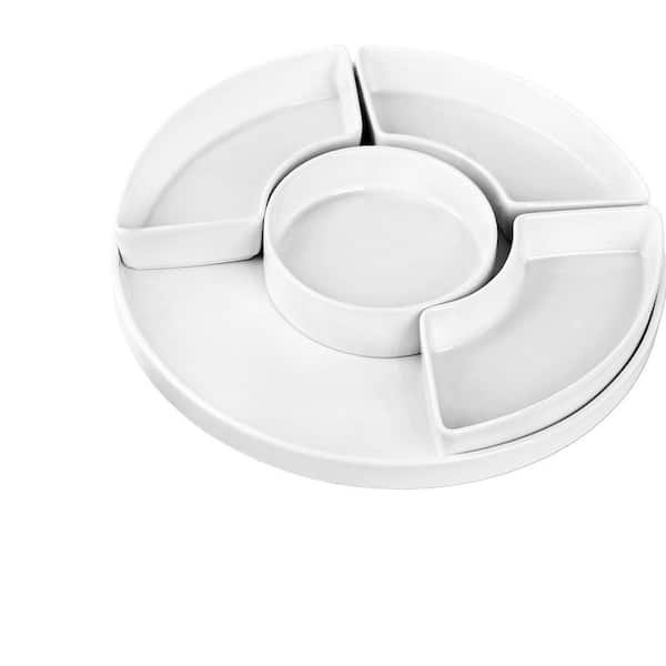 12.8 in. x 12.8 in. 5-Compartment White Ceramic Serving Tray with Removable Bowls for Snacks and Fruits (Set of 6)