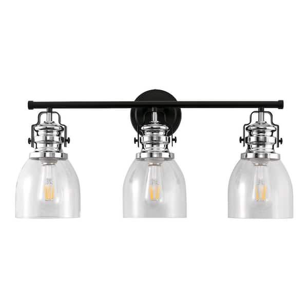 Emeritpro 24 in. 3-Light Black and Nickel Vanity Light with Clear Glass Bell Shades for Bathroom and Powder Room or Dressing Room