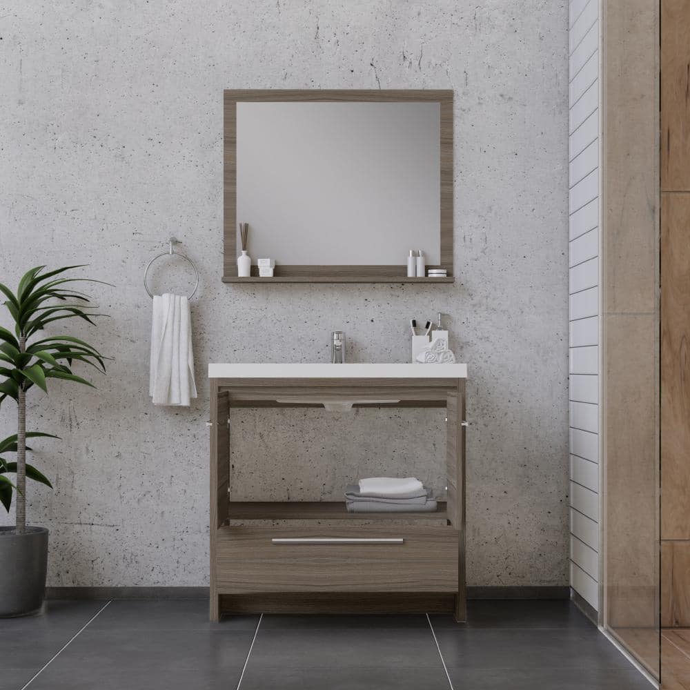 Sortino 36" Gray MDF Freestanding Bathroom Vanity with White Solid Surface Sink