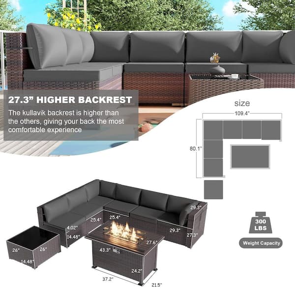8-Piece Wicker Patio Conversation Set with 55000 BTU Gas Fire Pit Table and Glass Coffee Table and Grey Cushions