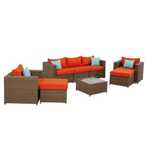 Brown 8-Piece Resin Wicker Outdoor Patio Seating Sectional Set with Orange Cushions