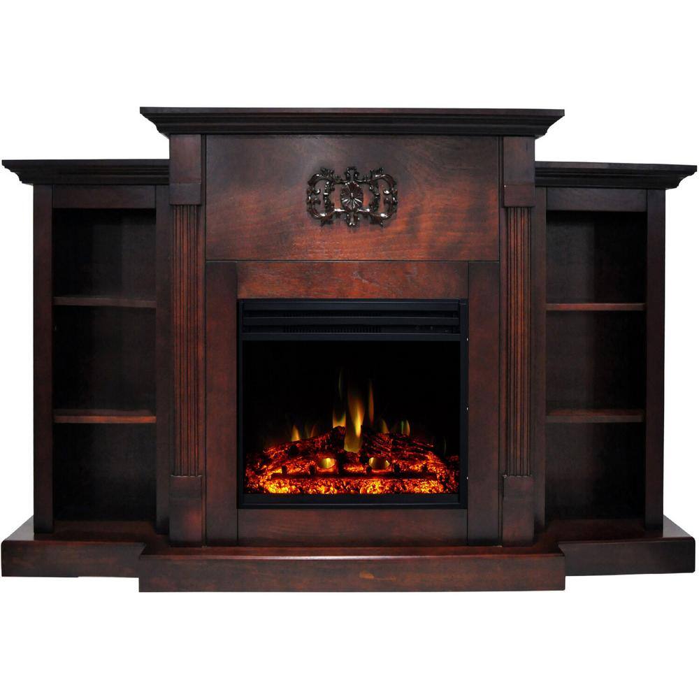 Classic Mahogany Freestanding Electric Fireplace with Bookshelves and Mantel
