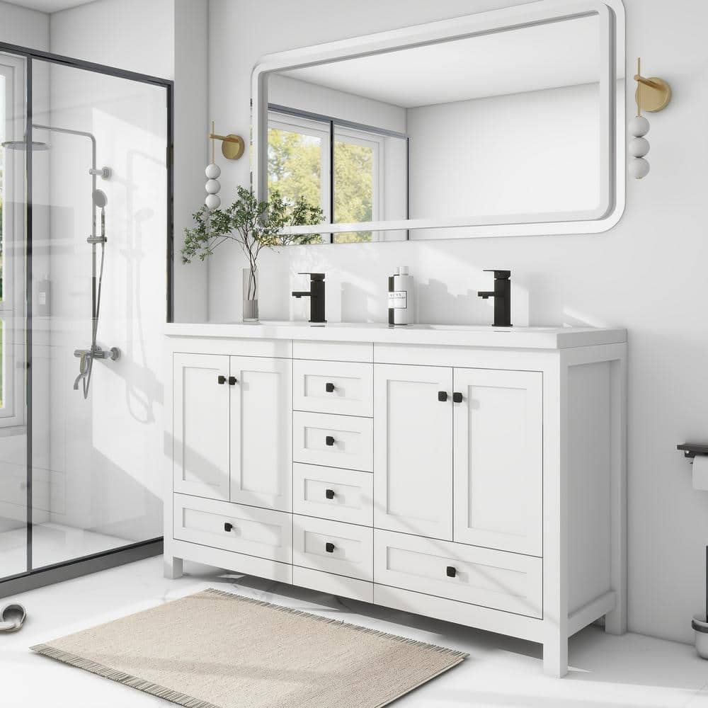 White MDF Double Sink Bathroom Vanity with Resin Top and Black Hardware