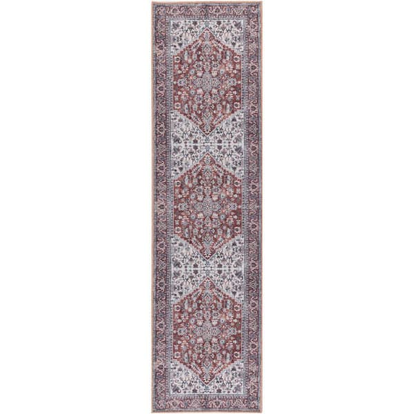 Unbranded Machine Washable Series 1 Brick Ivory 2 ft. x 8 ft. Distressed Traditional Runner Area Rug
